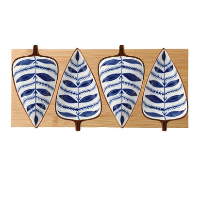 Hand Painted Ceramic Leaf Seasoning Dish With Wooden Tray