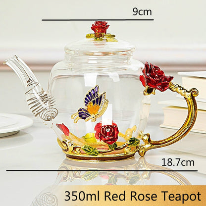 Red rose Enamel Crystal Flower Glass Teapot