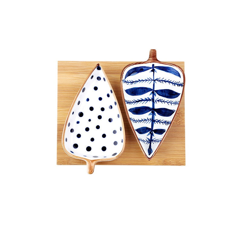 Hand Painted Ceramic Leaf Seasoning Dish With Wooden Tray