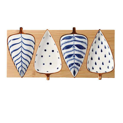 Hand Painted Ceramic Leaf Seasoning Dish With Wooden Tray