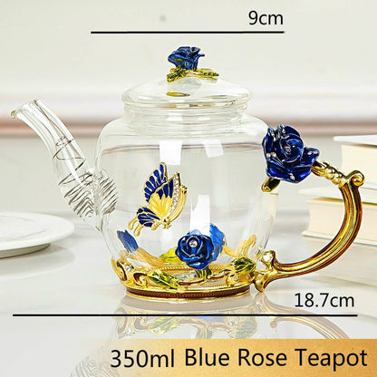 Red rose Enamel Crystal Flower Glass Teapot