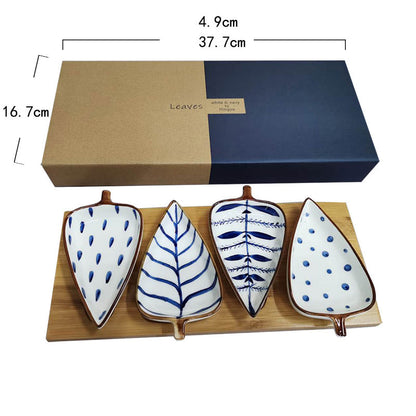 Hand Painted Ceramic Leaf Seasoning Dish With Wooden Tray