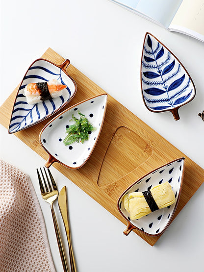 Hand Painted Ceramic Leaf Seasoning Dish With Wooden Tray