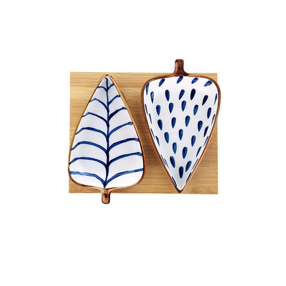 Hand Painted Ceramic Leaf Seasoning Dish With Wooden Tray