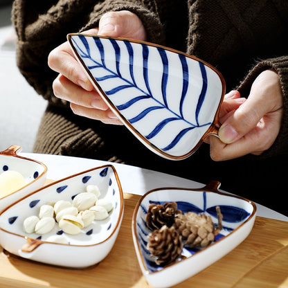 Hand Painted Ceramic Leaf Seasoning Dish With Wooden Tray