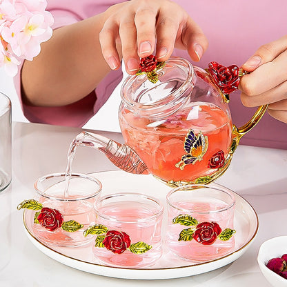 Red rose Enamel Crystal Flower Glass Teapot