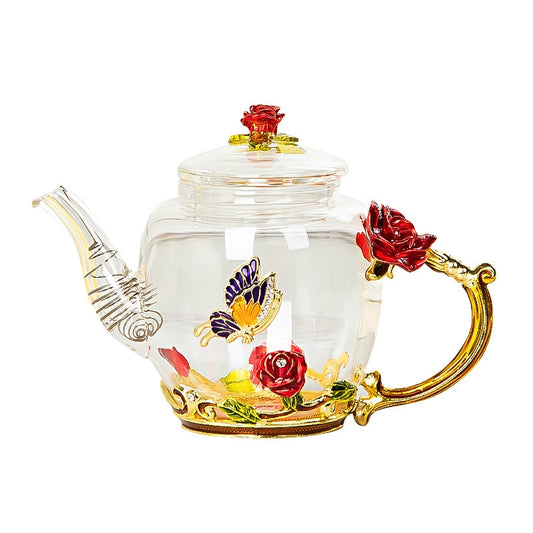 Red rose Enamel Crystal Flower Glass Teapot