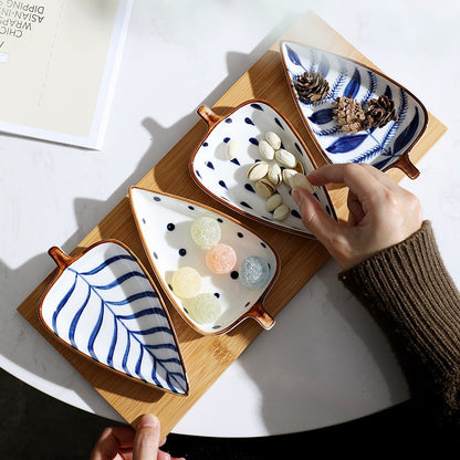 Hand Painted Ceramic Leaf Seasoning Dish With Wooden Tray